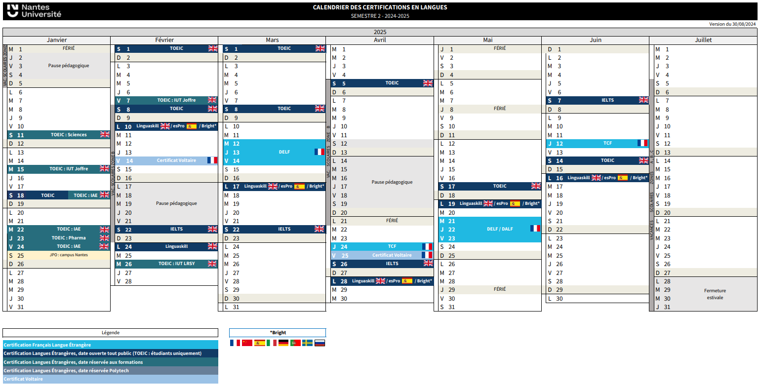 Calendrier certifications semestre 2 2024-2025