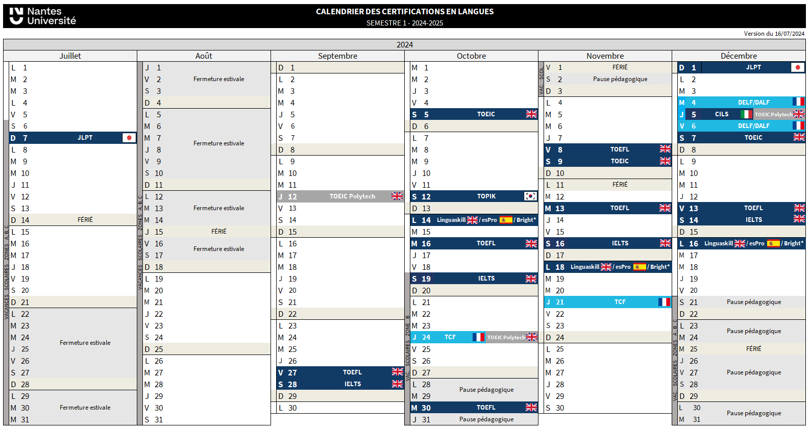 Calendrier certification semestre 1 2024-2025